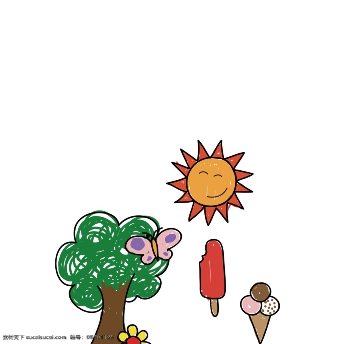 手绘 太阳 大树 冰淇淋