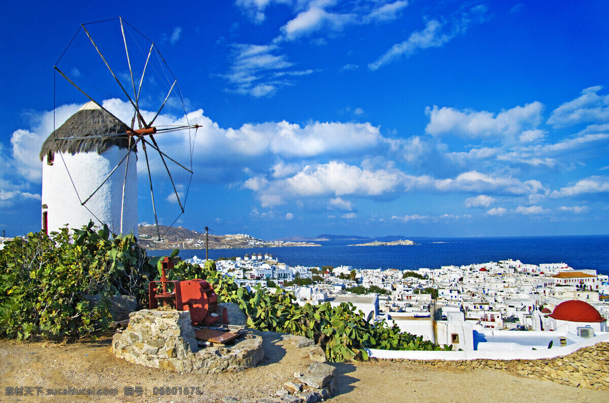 蓝色 大海 风车 圣托里尼风景 爱琴海风景 海岸城市风光 希腊旅游景点 国外建筑 旅游景区 国外旅游 城市建筑 自然风景 自然景观