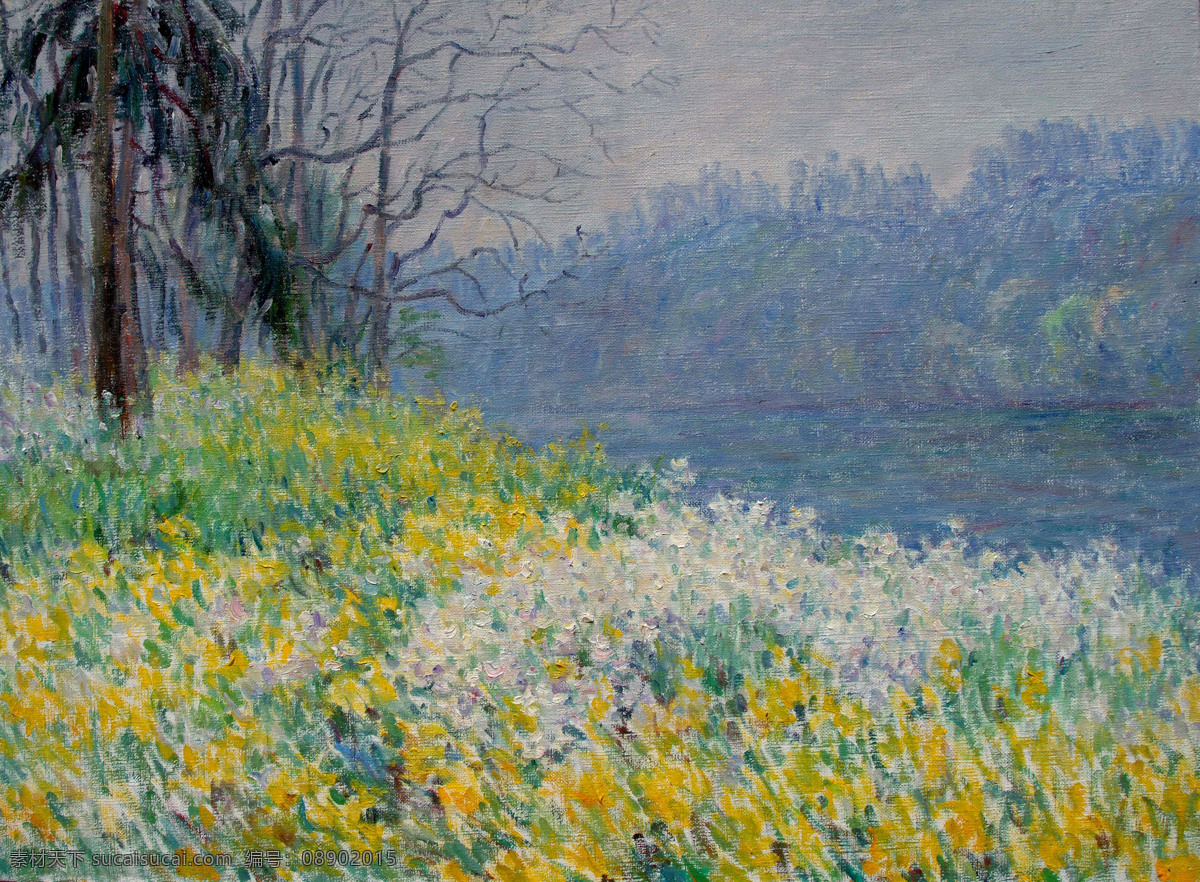 菜花 风景 河流 花草 绘画书法 美术 树林 晨雾 岸边 花地 设计素材 模板下载 晨雾岸边花地 油画 乡野 树木 油画艺术 油画作品53 文化艺术 家居装饰素材