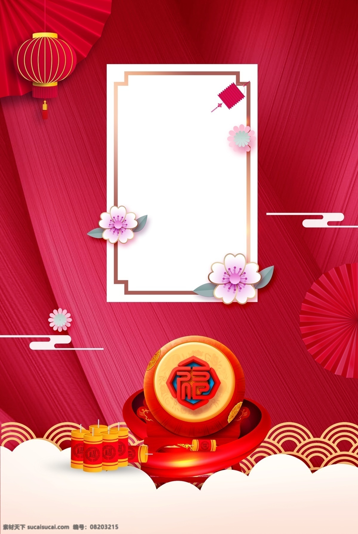 2019 猪年 福字 艺术 海报 背景 花朵 鞭炮 灯笼 红色背景 春节素材 折纸风 春节背景 恭贺新春 金猪纳福 猪年设计 2019年 金猪贺岁 猪年海报背景 竖版背景