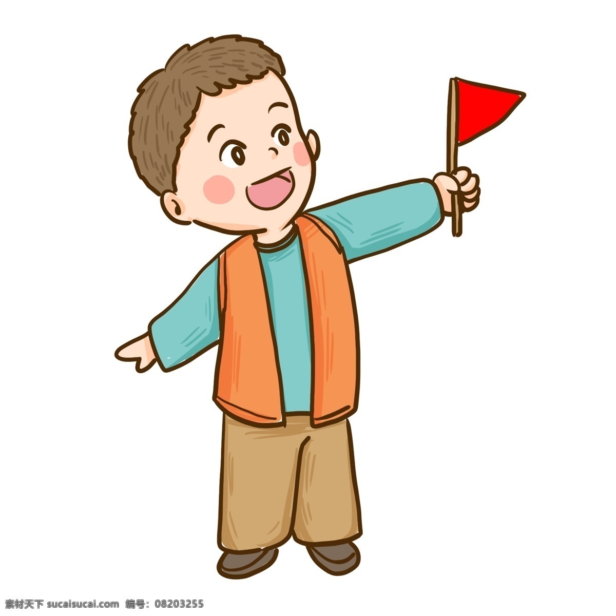 手绘 卡通 男孩 指示 旗帜 原创 元素 红色 可爱 绘画 原创元素 设计元素