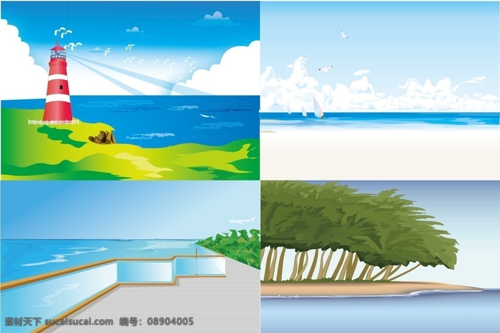 海边背景 海边灯塔 大海 海上帆船 海边风景 旅游海边景色 自然风景 蓝天 白云 树林 蓝色的大海 海滩 沙滩 矢量图素材 自然景观 自然风光