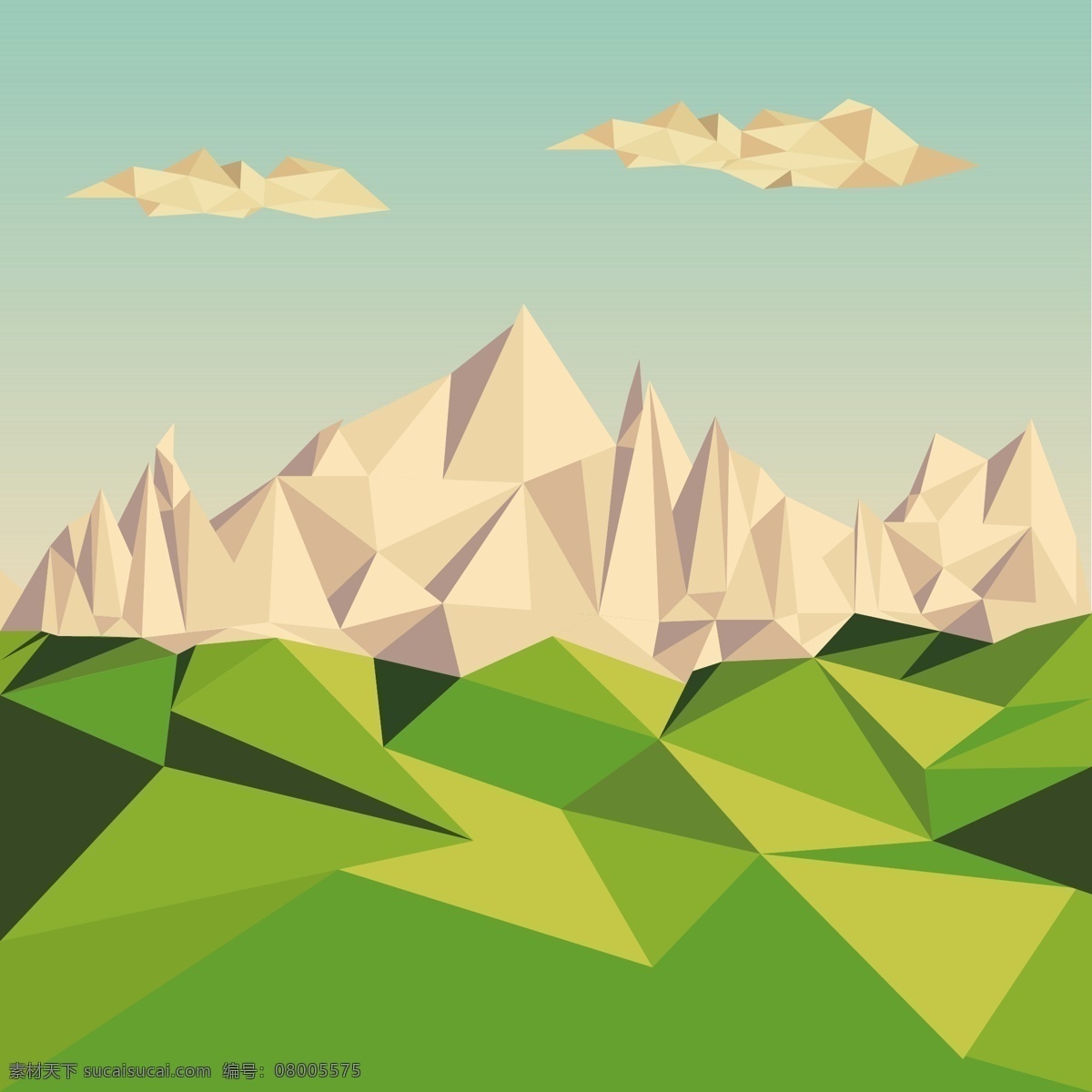 卡通 蓝天 高山 唯美景色 几何自然美景 多边形山脉 雪山 连绵起伏的山 山峰图形 山图形 山形插画 自然风光 空间环境 矢量素材