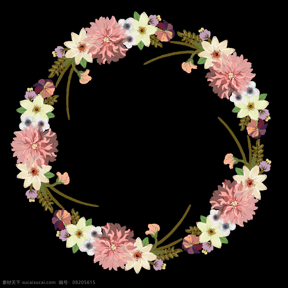 手绘 粉色 对称 花朵 圆环 透明 浪漫 气氛 节日 植物 圆形 透明素材 免扣素材 装饰图片