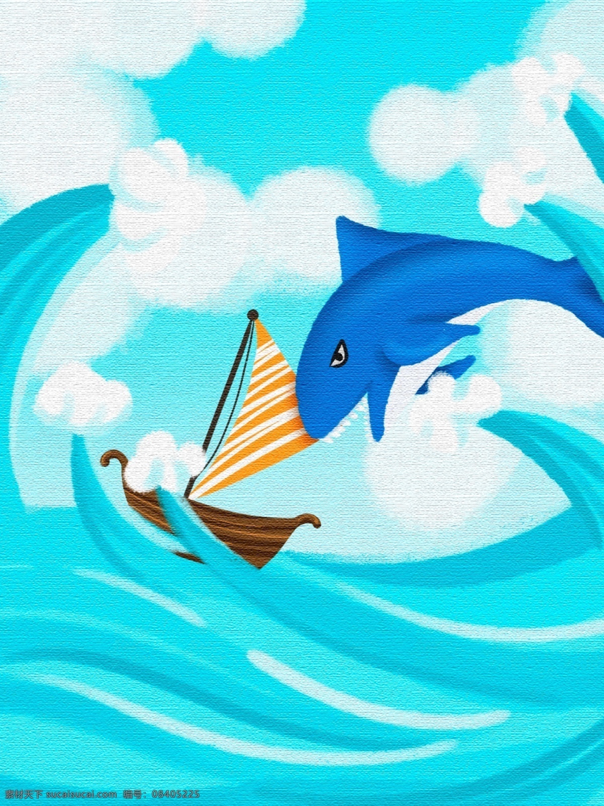 航海 系列 背景 鲨鱼 追逐 原创 蓝天 白云 大海 海浪 帆船 手绘