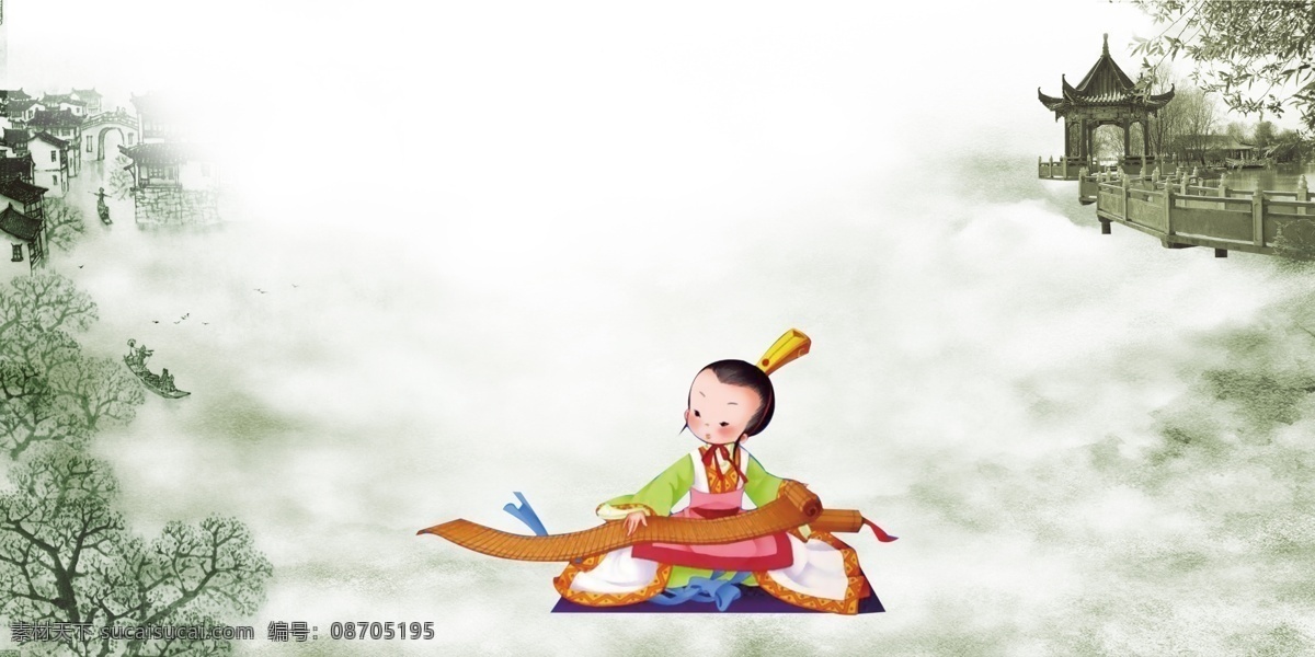 国学 展板 宣传栏 国画山水 亭子 竹简 卡通人物 古典背景 国学展板 展板模板 广告设计模板 源文件