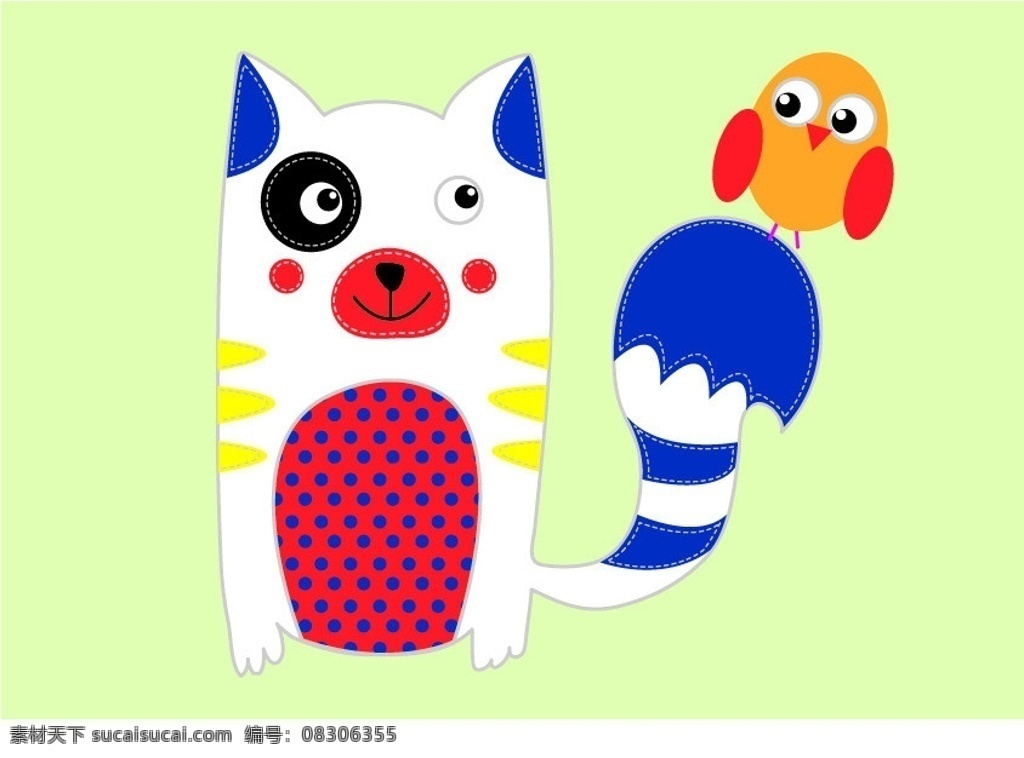 卡通动物 小猫 可爱的猫 小鸟 卡通画 卡通插画 动物矢量 t恤图案 时尚插画 背景底纹 矢量 矢量素材 其他矢量