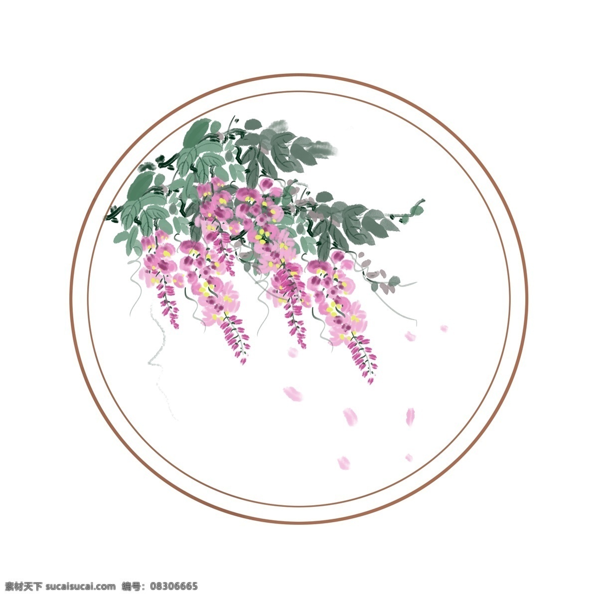 手绘 古风 藤蔓 插画 紫色的花朵 卡通边框 手绘藤蔓边框 绿色的叶子 圆形的边框 创意古风边框