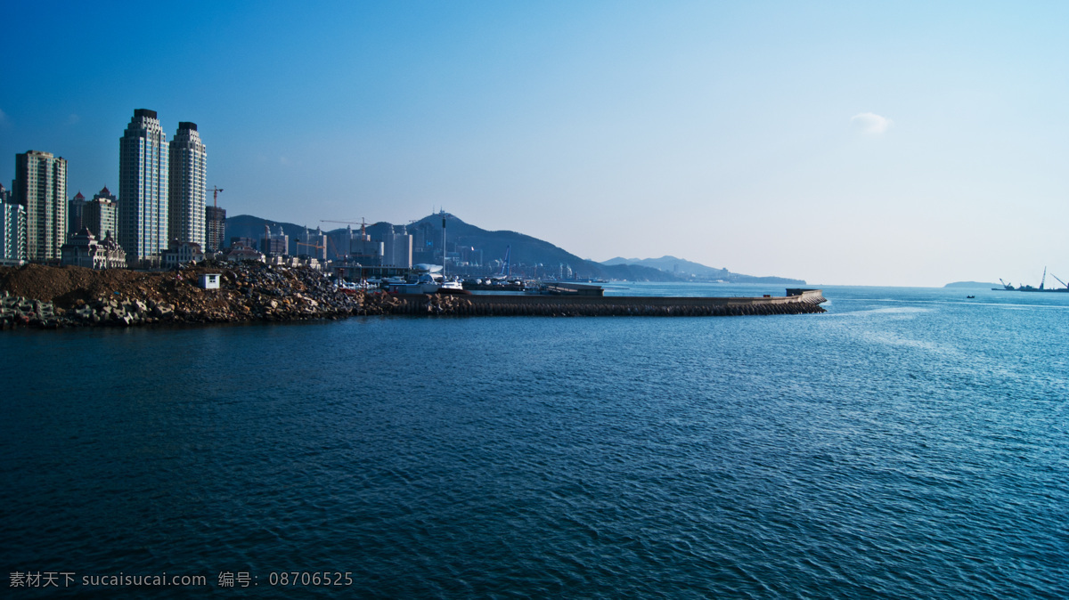 大海 高楼 海景 海面 蓝天 山峦 远山 自然风景 自然景观 风景 生活 旅游餐饮