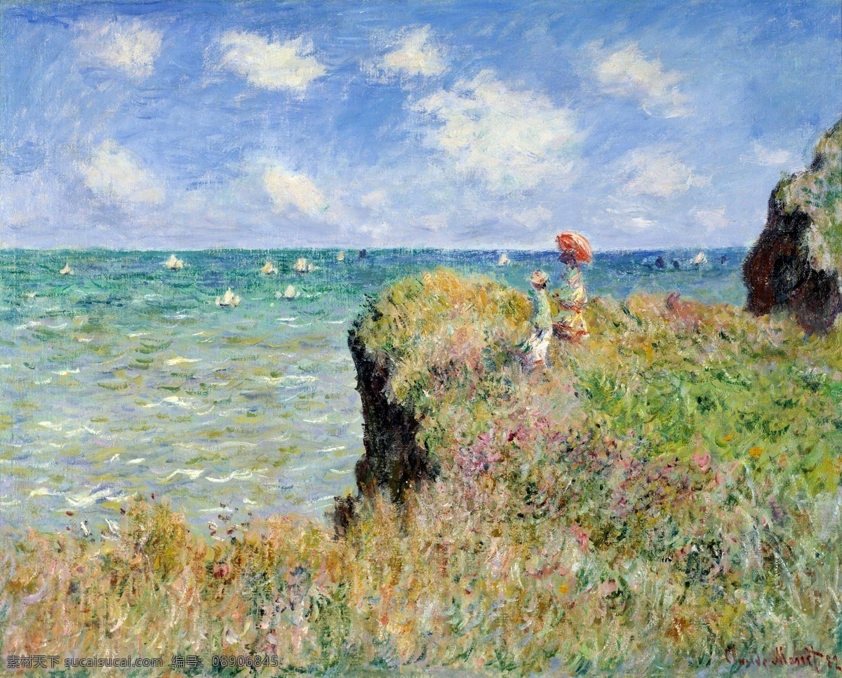 风景 建筑 田园 植物 水景 印象 画派 写实主义 油画 装饰画 pourville at cliff the on walk 装饰素材