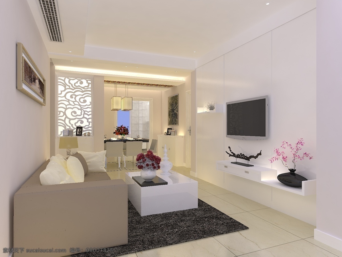 现代 客厅 3d设计 白色 餐厅 简洁 温馨 现代客厅 隐形门客厅 3d模型素材 其他3d模型