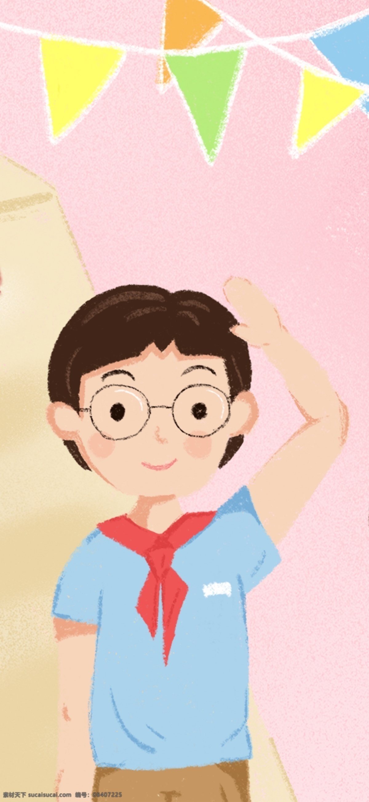 秋季 你好 月卡 通 男孩 女孩 小学生 粉色 插画 秋天 可爱 小清新 入学 上学 男生 女生 红领巾 少先队 纸飞机 彩旗 卡通 活泼 9月 插图 微博配图 朋友圈配图 治愈 儿童 少儿 开学季 你好九月