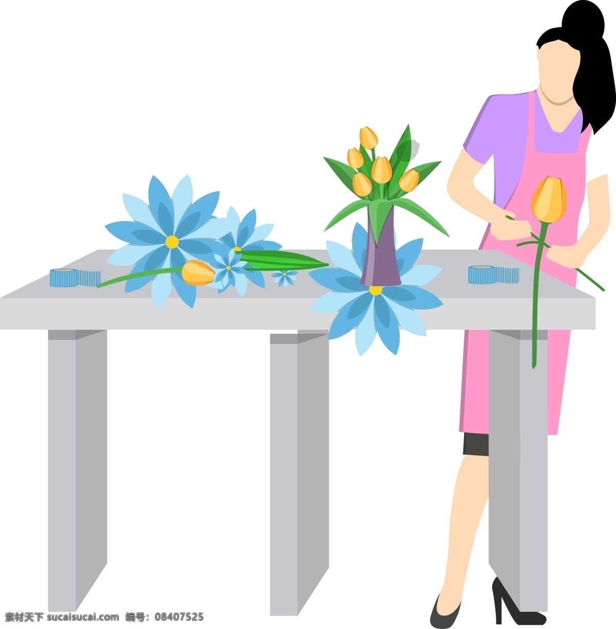 插花 图案 装饰 元素 花朵 简约 插花卡通 黄色 蓝色