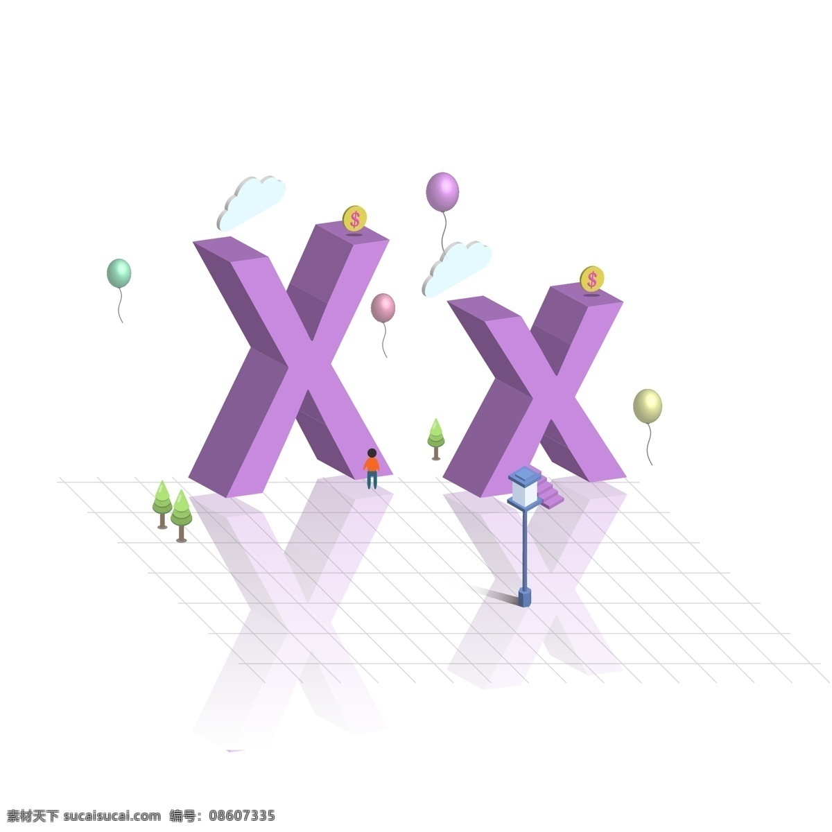 原创 d 立体 大小写 英文 字母 x 立体字 英文字母 白云 气球 路灯 2.5d 艺术字设计 大写x 小写x 倒影