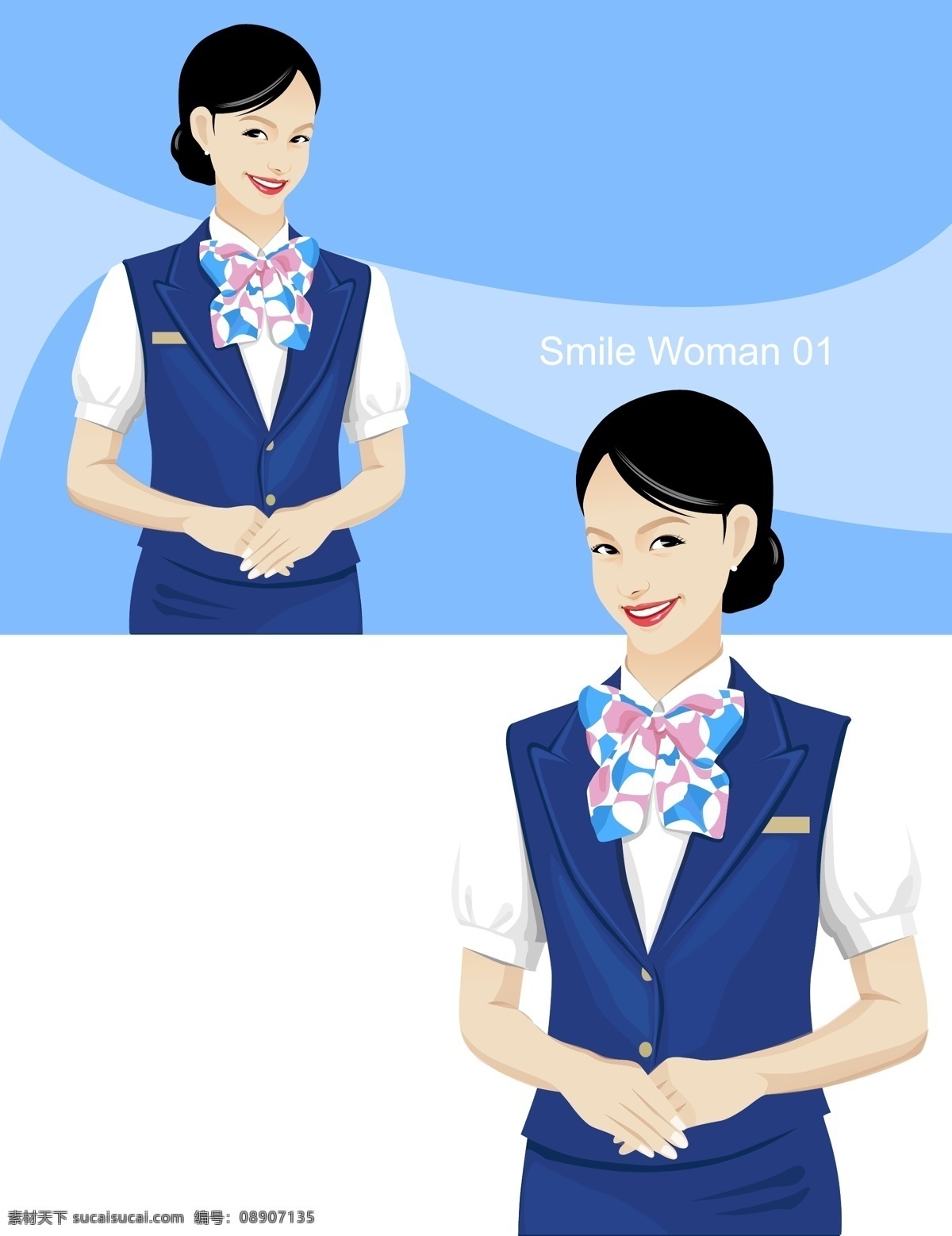 高精 写实 矢量 商务 人物 服务人员 空姐 美女 女人 亲切 商务人物 手势 微笑 职业人物 包头 空服员 仪态 双手交叉 矢量图 矢量人物