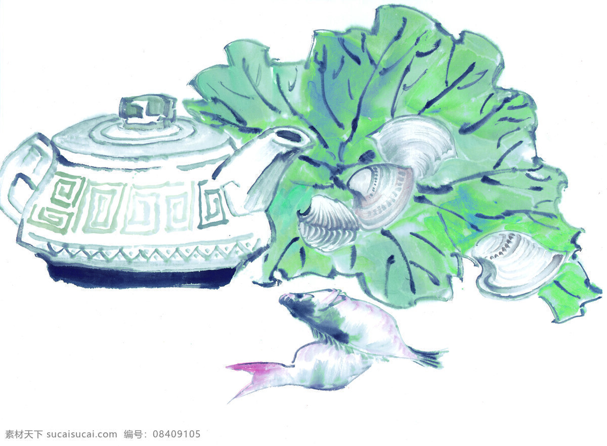 中国 风 篮子 蔬菜 水墨画 鱼 中国风 中华艺术绘画 文化艺术