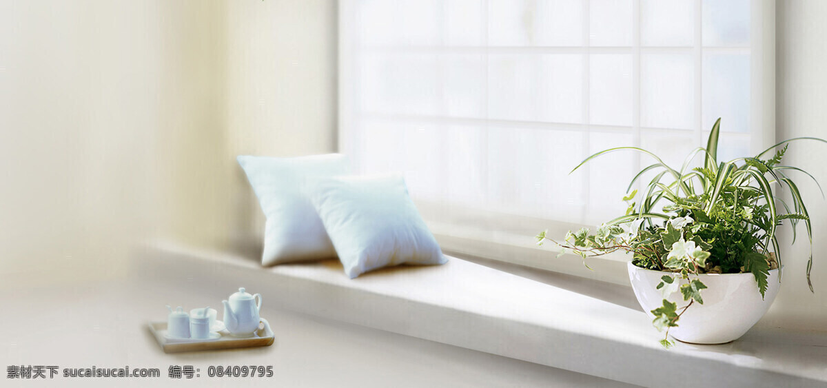 白色 窗户 绿色植物 banner 背景 盆栽 白色窗户