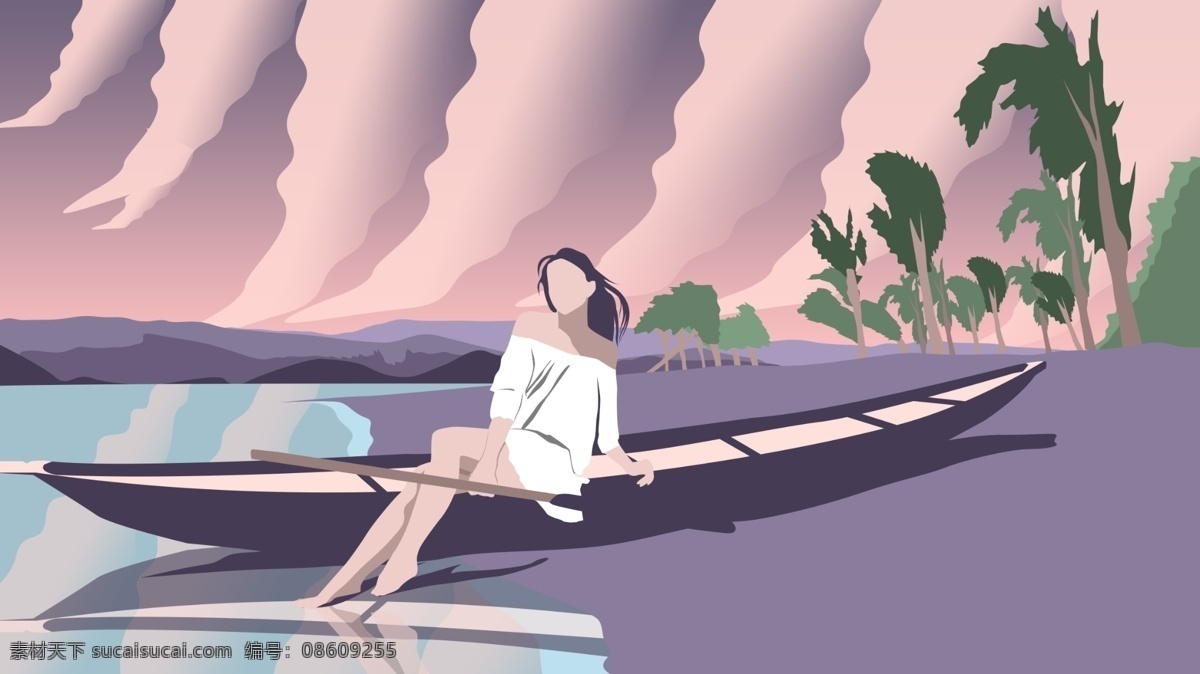 插画 月 你好 海边 吹风 女孩 船 天空 云 倒影 海 树