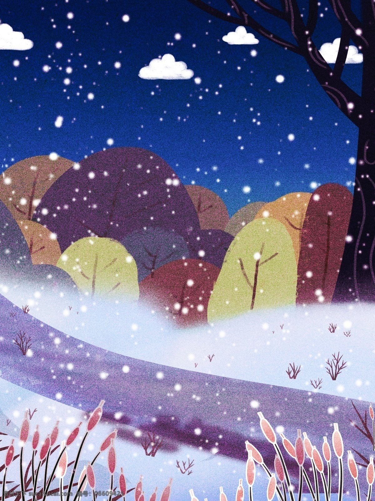 彩绘 冬季 下雪 树林 背景 雪花 冬天 背景设计 通用背景 背景展板 促销背景 背景图 创意