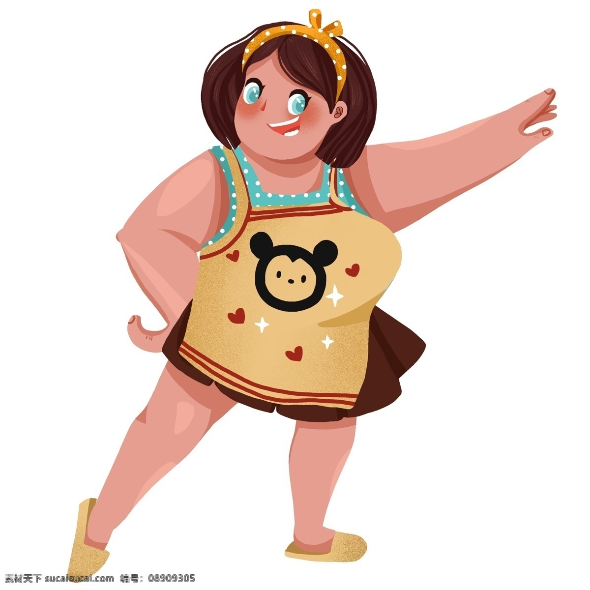 手绘 围着 围裙 肥 仔 商用 复古 人物 插画 妈妈 家庭主妇 女人