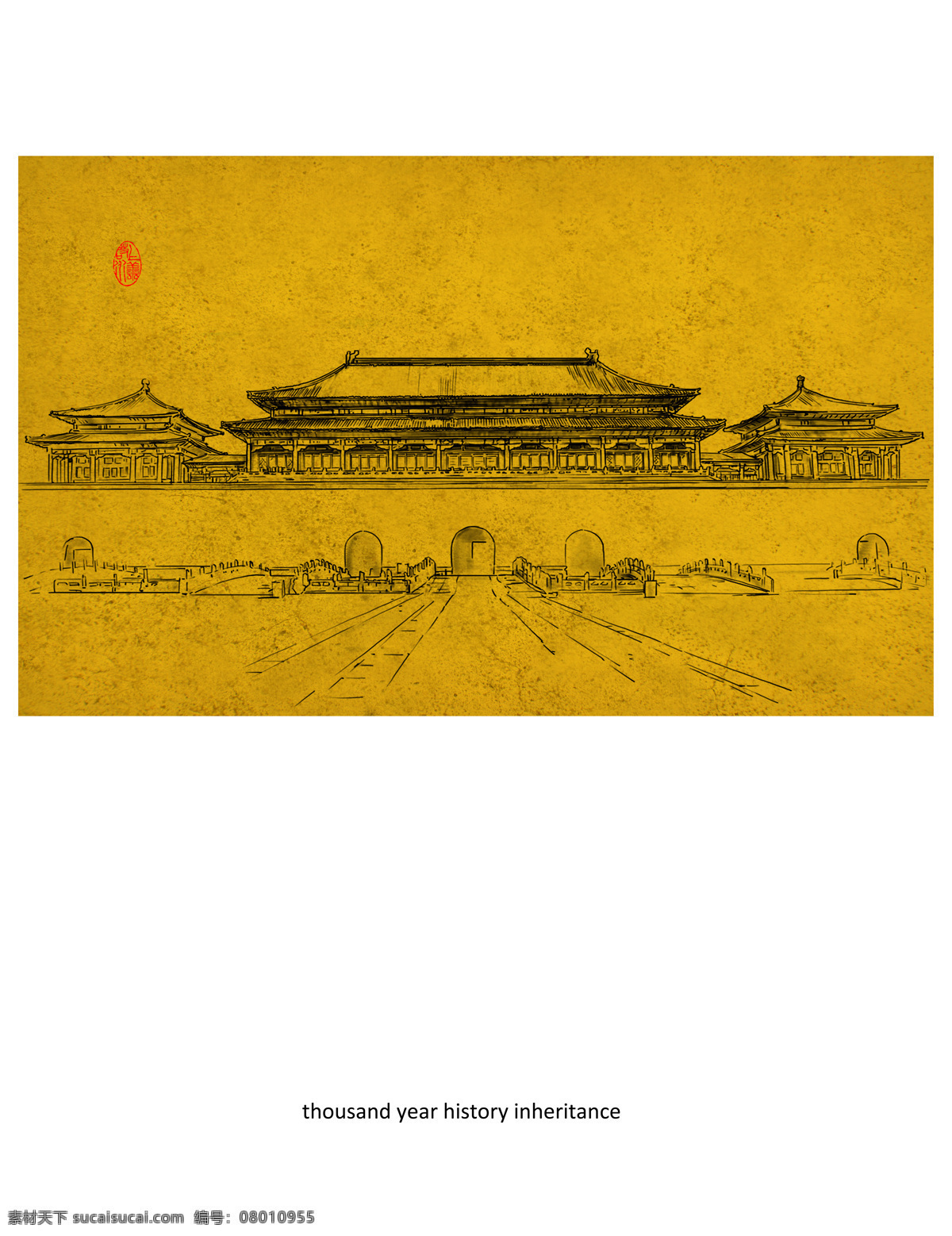 中式建筑图案 金色 背景 白描 水墨 建筑 古典建筑 黑白 金色背景 装饰画