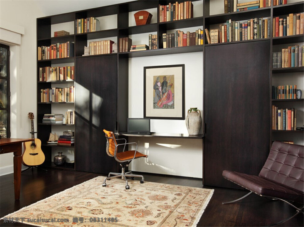 现代 书房 复合式 地板 效果图 吉他 家居装潢 家装实景图 沙发凳 室内设计 室内书桌 室内装潢 书房效果图 书房装修 书柜 书籍 书架 现代时尚