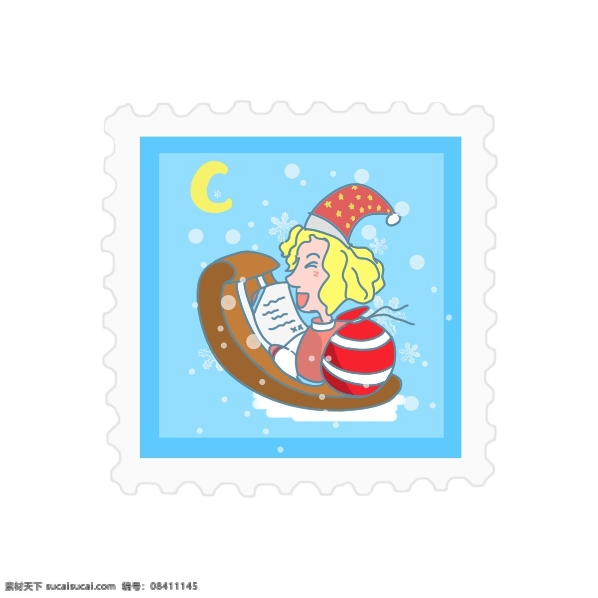 原创 圣诞 邮票 贴纸 蓝色 可爱 元素 圣诞节 礼物 节日 创意 圣诞老人 下雪