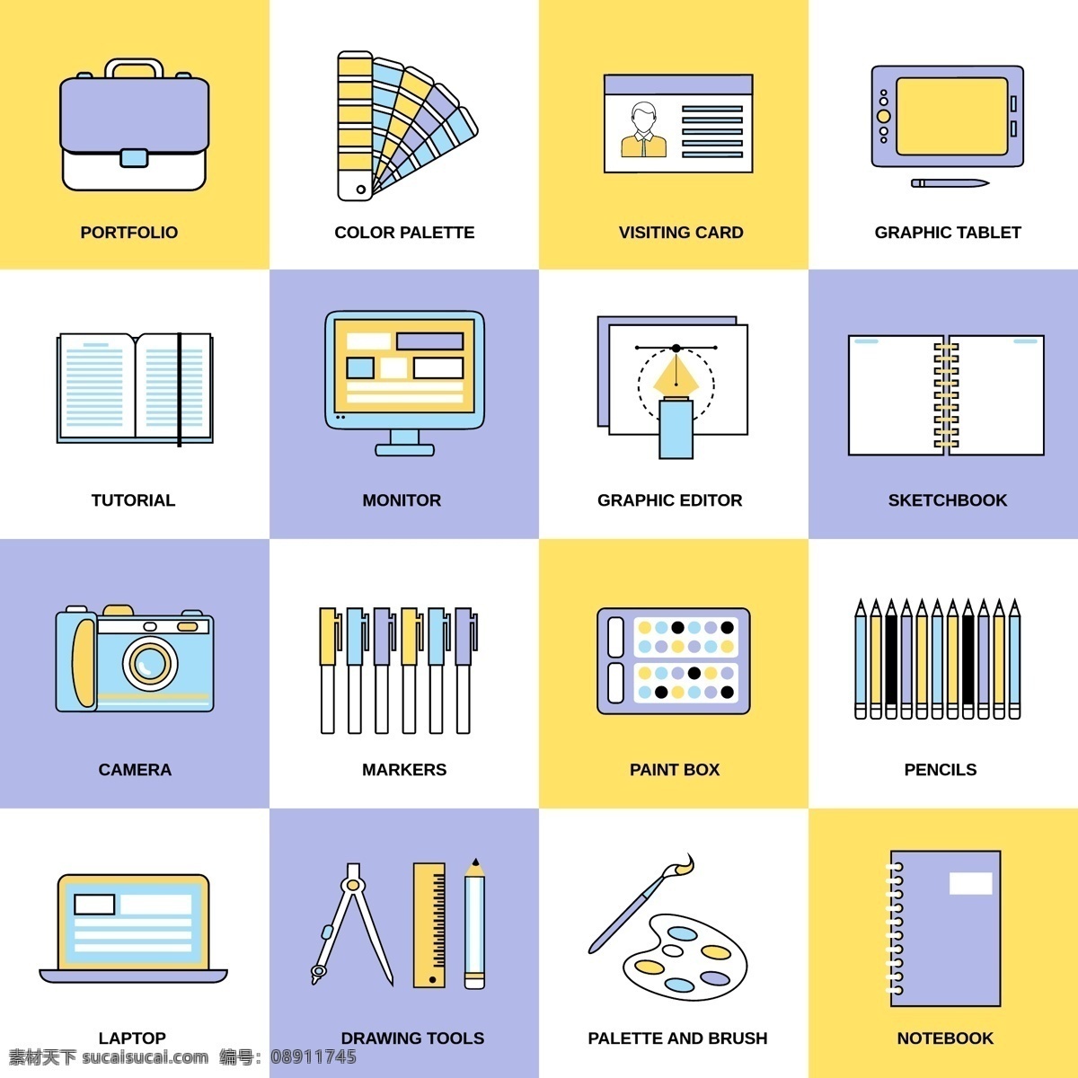 设计图标集 卡片 图标 相机 盒子 油漆 名片 画笔 颜色 笔记本电脑 平板电脑 工具 组合 监视器 相机图标 图标集 调色板