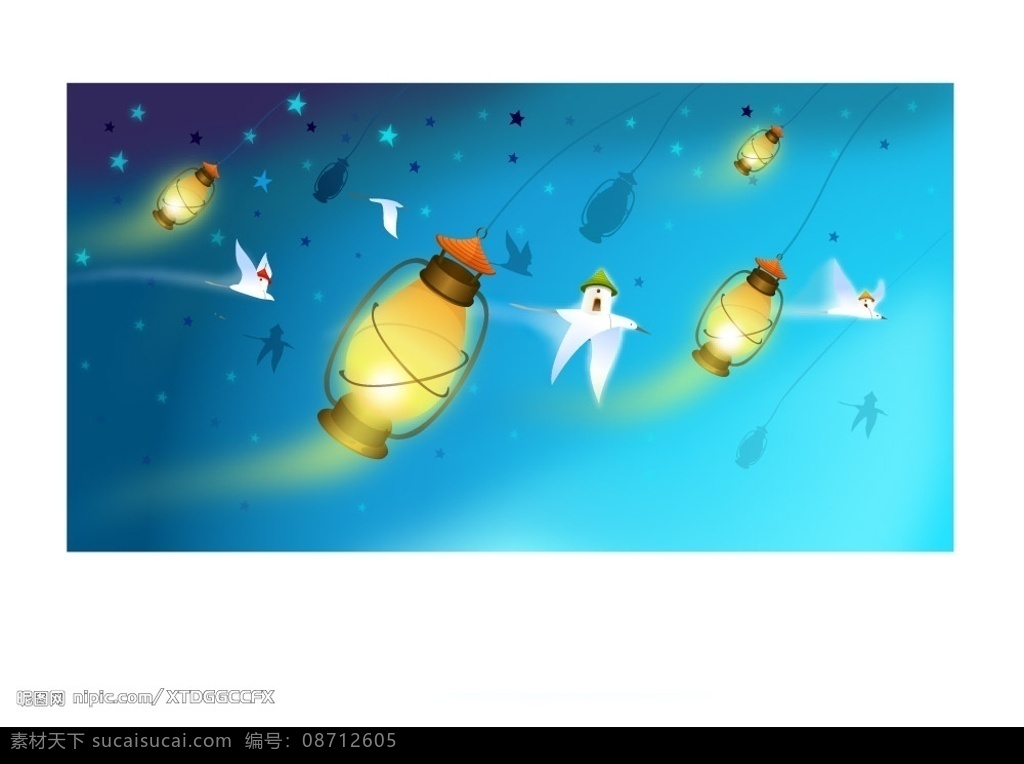 飞天马灯 夜空 星星 马灯 鸟屋 文化艺术 传统文化 矢量图库