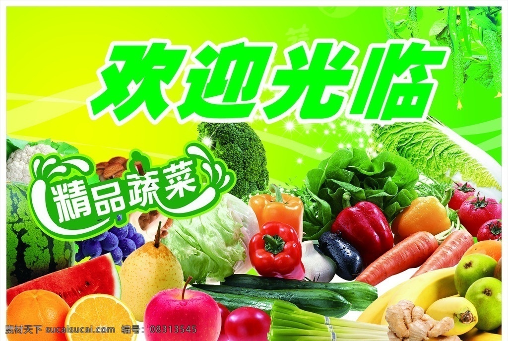 水果喷画 源文件 水果 欢迎光临 精品蔬菜 广告 蔬菜 西红柿 苹果 辣椒 白菜 海报 绿色 包装设计