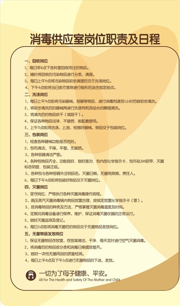 消毒 供应室 岗位职责 日程 消毒供应室 展板 医院 黄色 展板模板