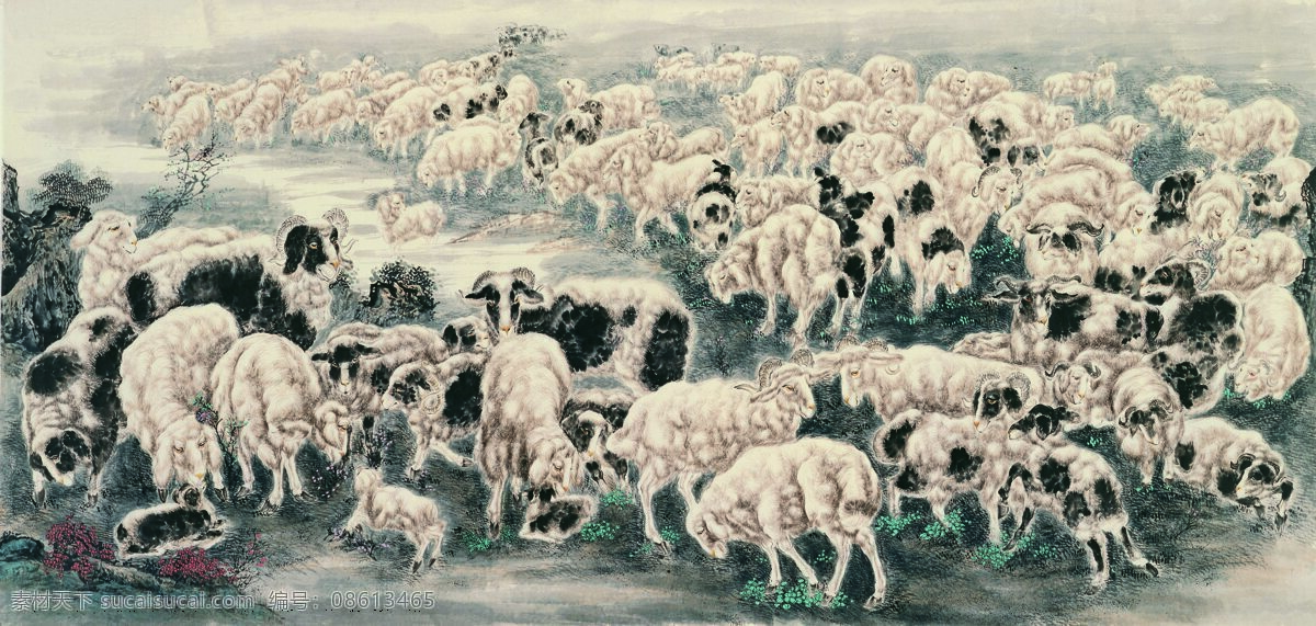 国画艺术 牧羊 图 草原 动物 国画 绘画 绵羊 水墨 文化 羊群 艺术 放牧 瑰宝 文化艺术