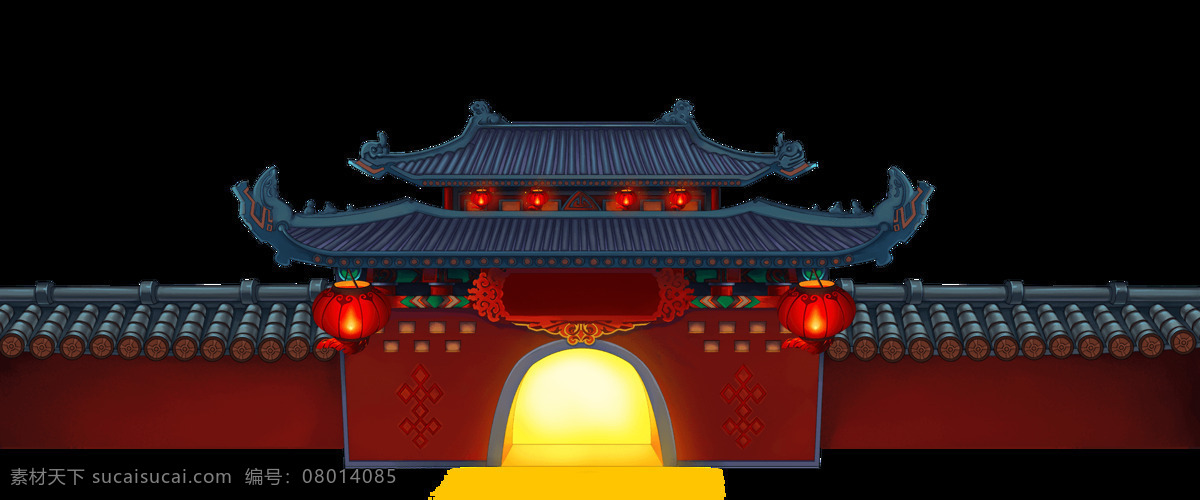 中国 风 复古 城楼 元素 模型 中国风 古建筑 灯笼 喜庆 免抠