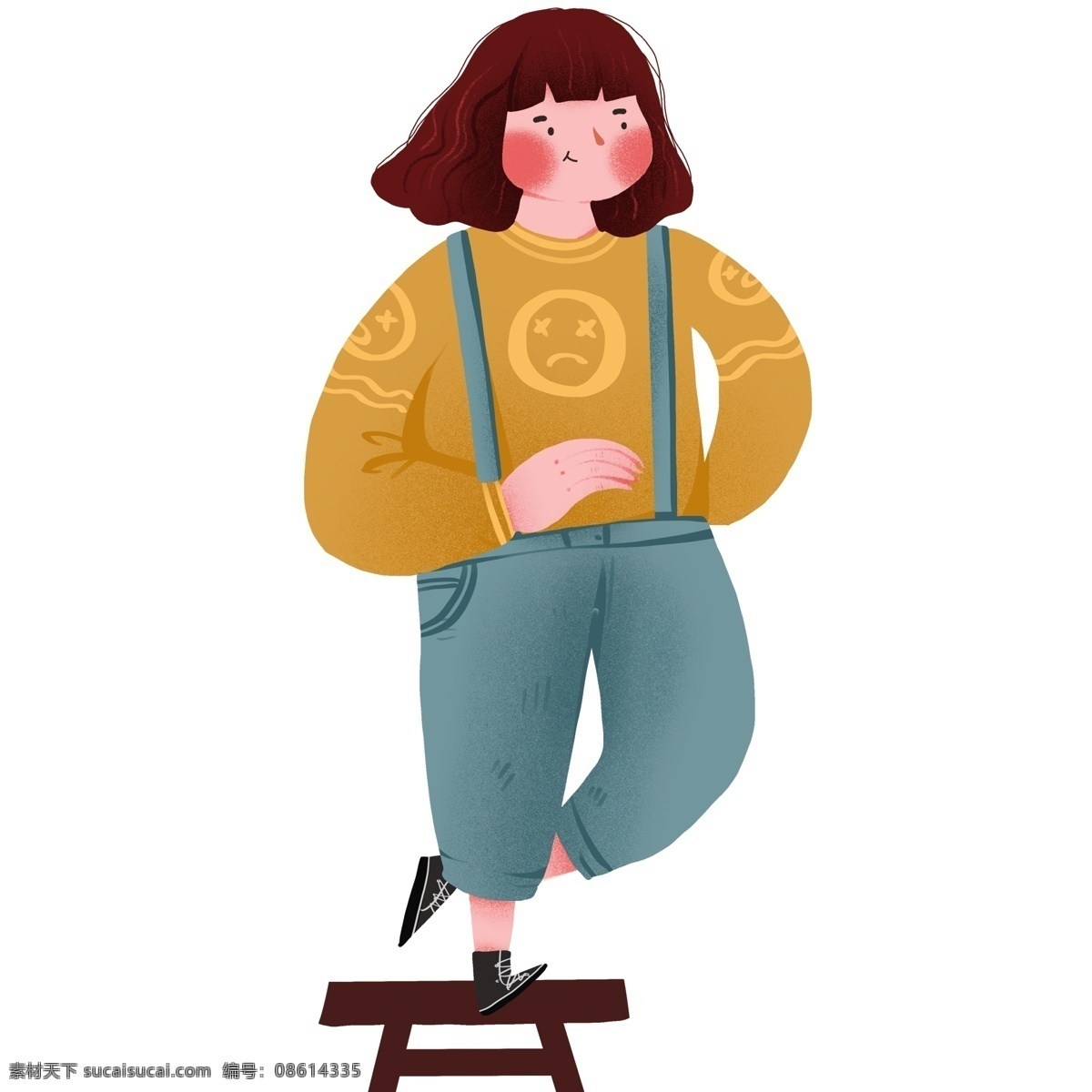 彩绘 站 凳子 上 女孩 卡通 人物 插画 创意设计 少女