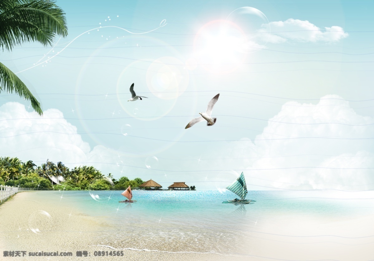 太阳 海边 沙滩 背景 海岸 唯美 夏天 海鸥 自然景观 自然风光