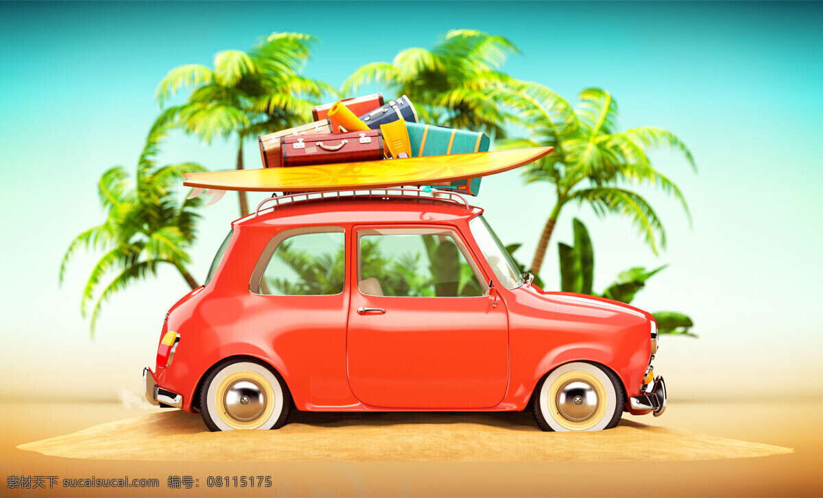 行李箱 冲浪板 卡通 汽车 卡通汽车 旅行车 夏日旅行 椰树 手提箱 旅游 旅行主题 其他类别 生活百科