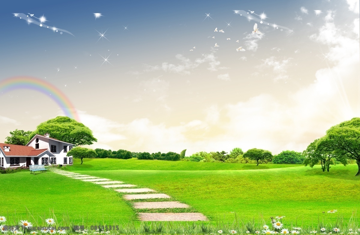 别墅风景 别墅 房子 房屋 路 草坡 草皮 树木 花 星星 太阳 彩虹 白鸽 椅子 浪漫 柔和 风景 分层 源文件
