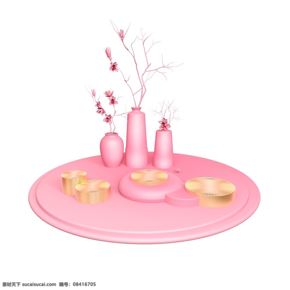 创意 三个 花瓶 舞台 金色 立体 粉色