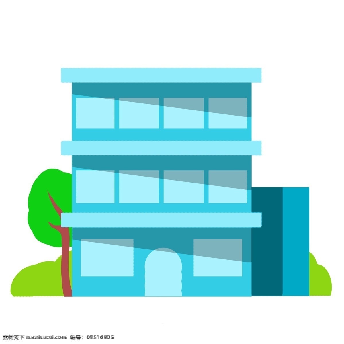 蓝色 三 层 楼房 插画 房屋 树木 建筑物 蓝色楼房 三层楼房 楼房建筑插图 房屋插画