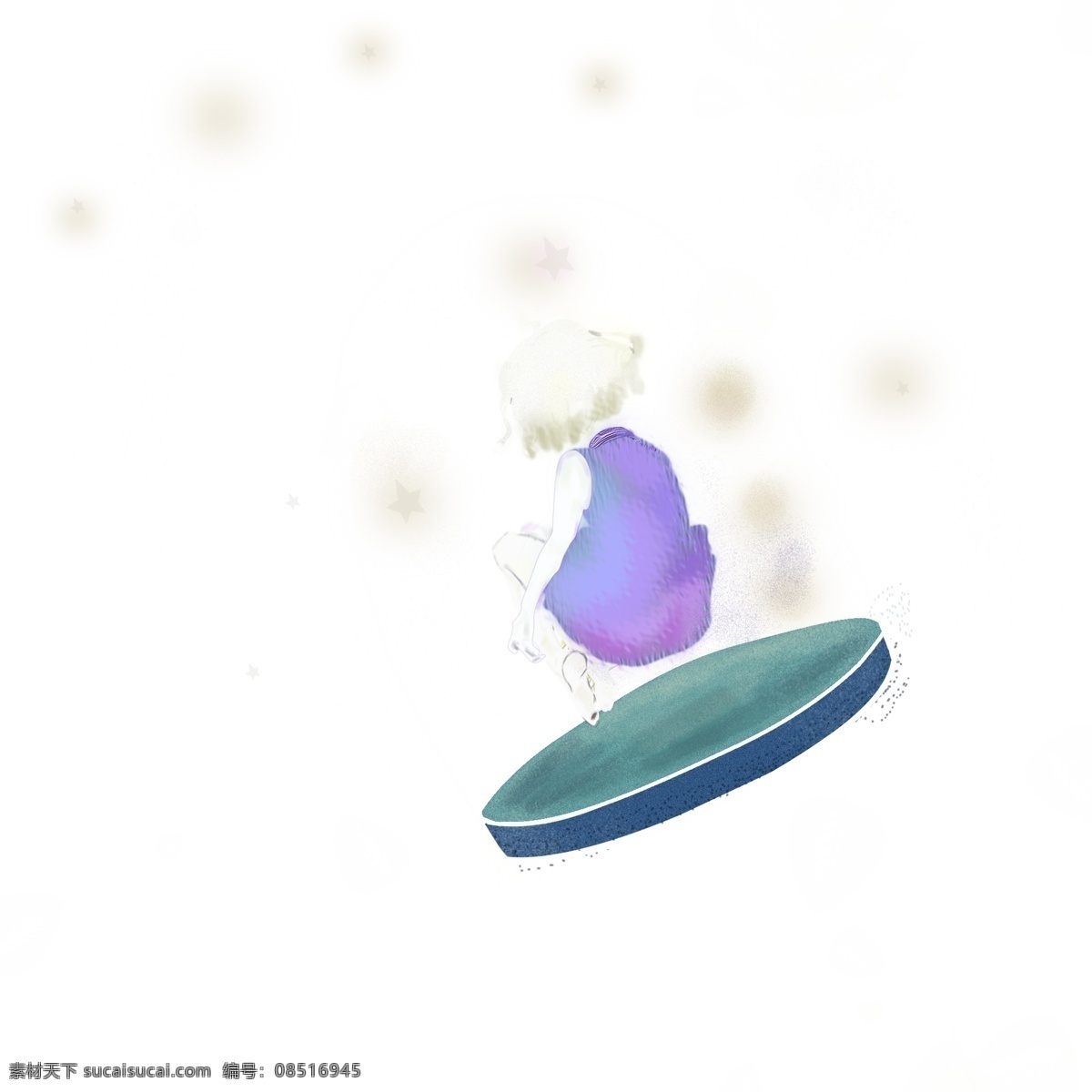 紫色 治愈 系 星空 女孩 免 抠 插画 手绘 静谧 美好 蜷缩 神秘 紫色洛衫裙 呵护 黄色短发 玻璃瓶 密封罐