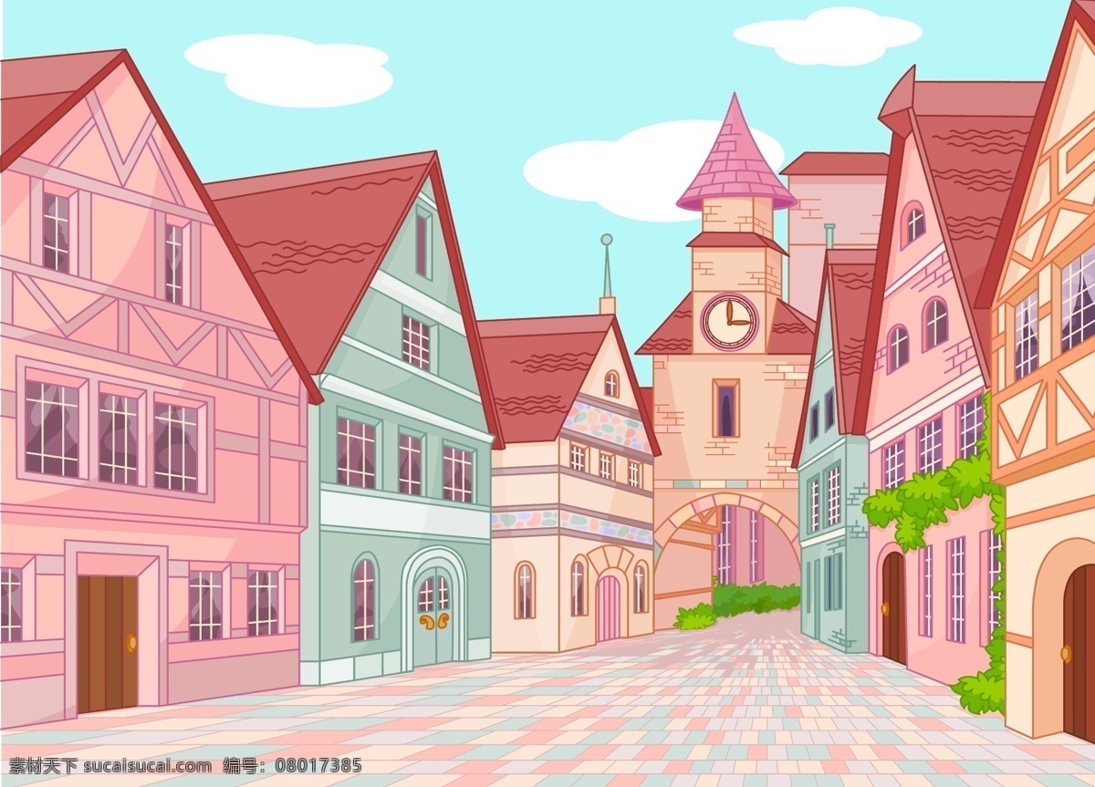 彩色 童话 小镇 建筑 插画 房子 街道