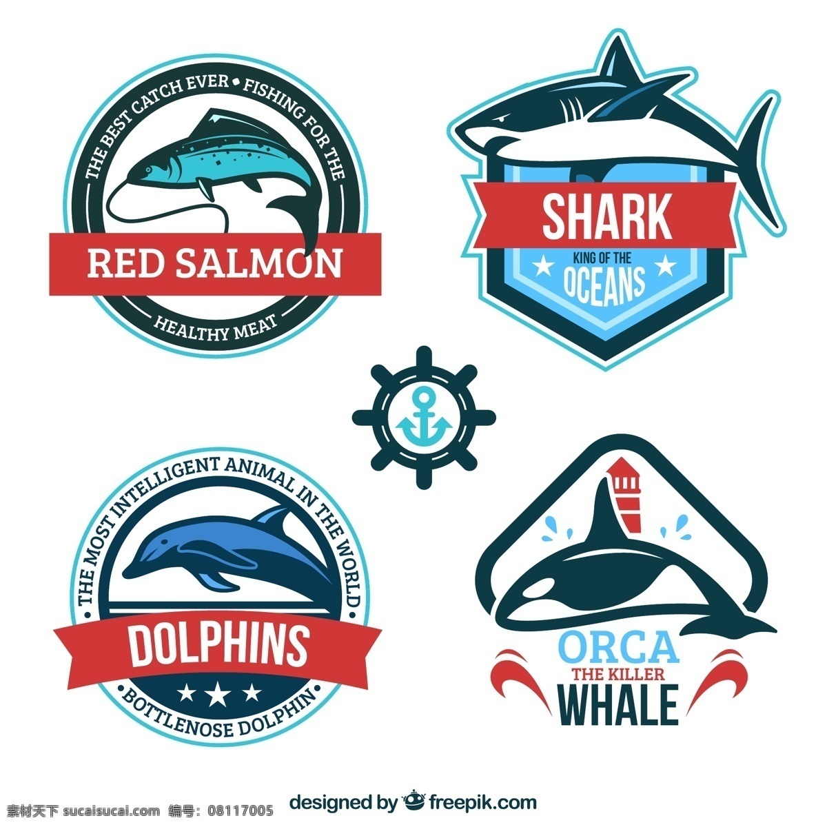 创意 鱼类 标签 矢量 鲑鱼 鲨鱼 海豚 鲸鱼 海洋 水族馆 钓鱼 船舵 船锚 航海 鱼 矢量图