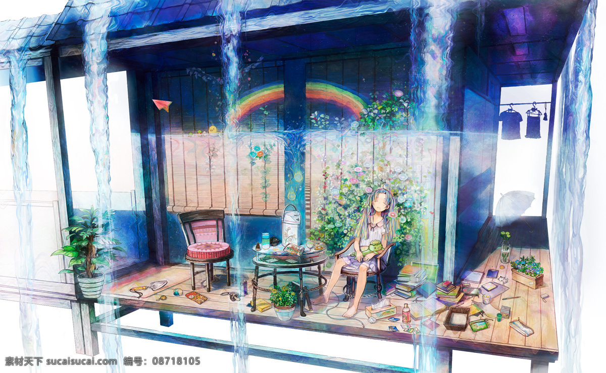 卡通 动漫 图 背景 梦幻 女孩 躺椅 日式房屋 可爱