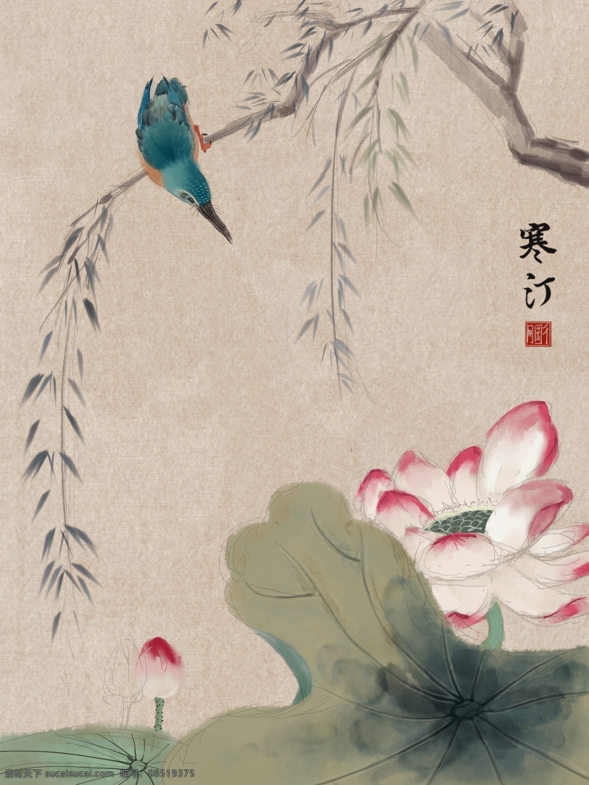 中国画 国 潮 翠鸟 荷花 水墨 传统 商业 插画 写意 花鸟 柳树 国潮 治愈 高大上 复古