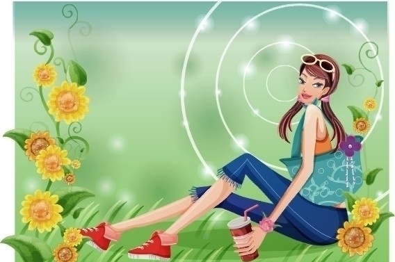 矢量美女 妇女女性 可爱卡通 清新背景 卡通矢量 矢量人物