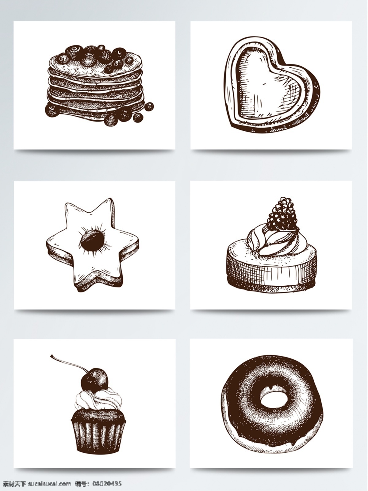 各种 手绘 甜品 源文件 爱心蛋糕 黑白 裸蛋糕 奶油蛋糕 甜甜圈 下午茶 小蛋糕