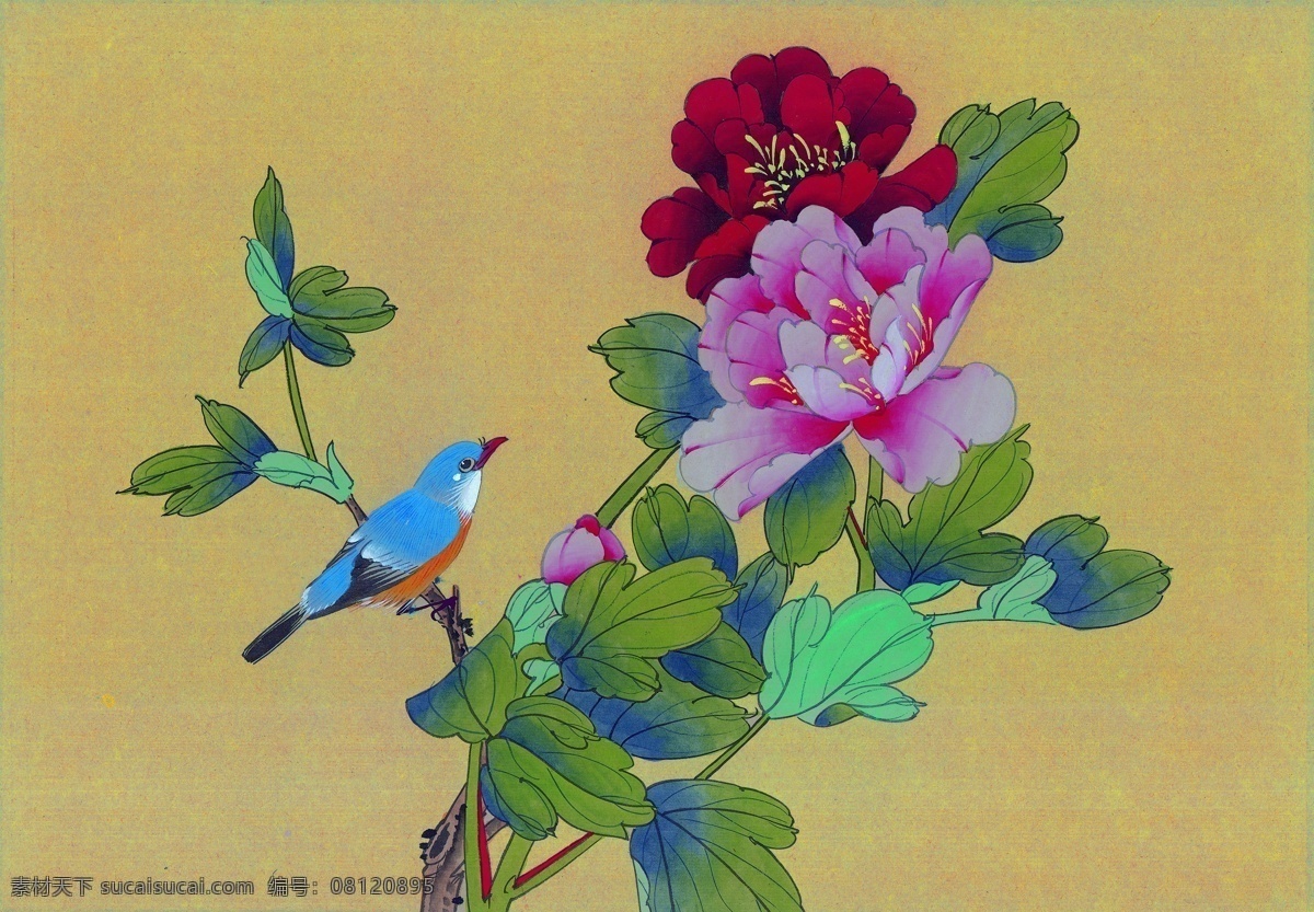 牡丹 壁画 图 小鸟 黄色壁画 文化艺术