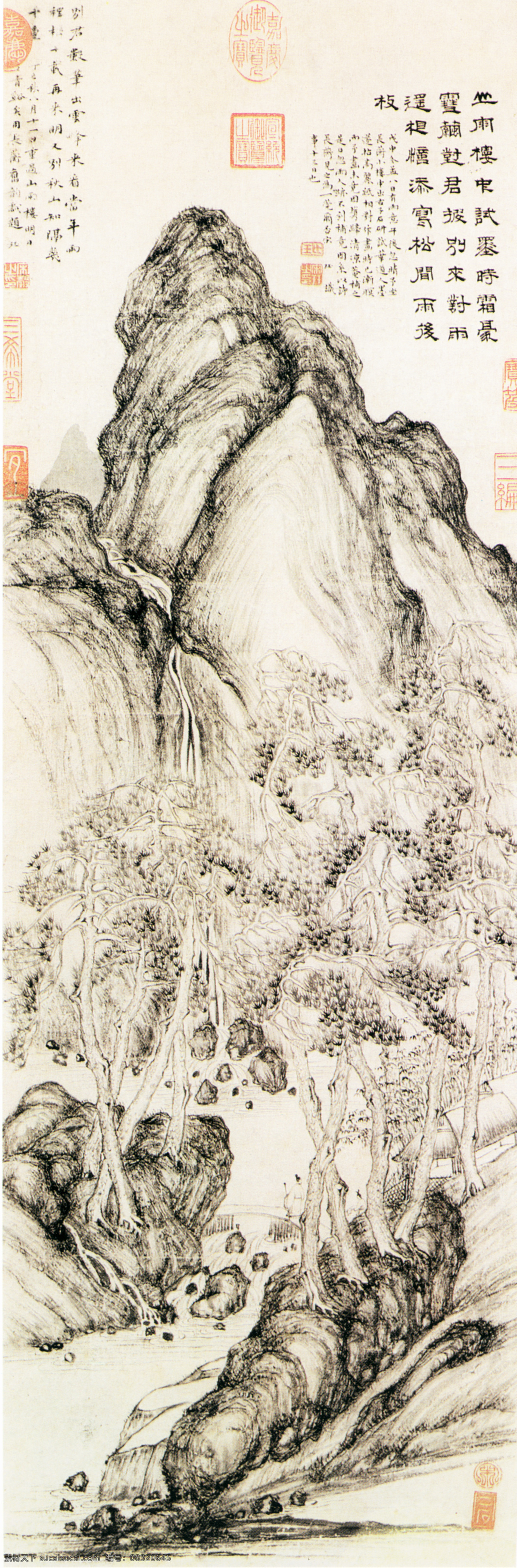 山水 名画 书画 山 楼 雨 图 古画 山水画 山水名画书画 书画真迹 中国水墨画 山楼对雨图 名家宋珏