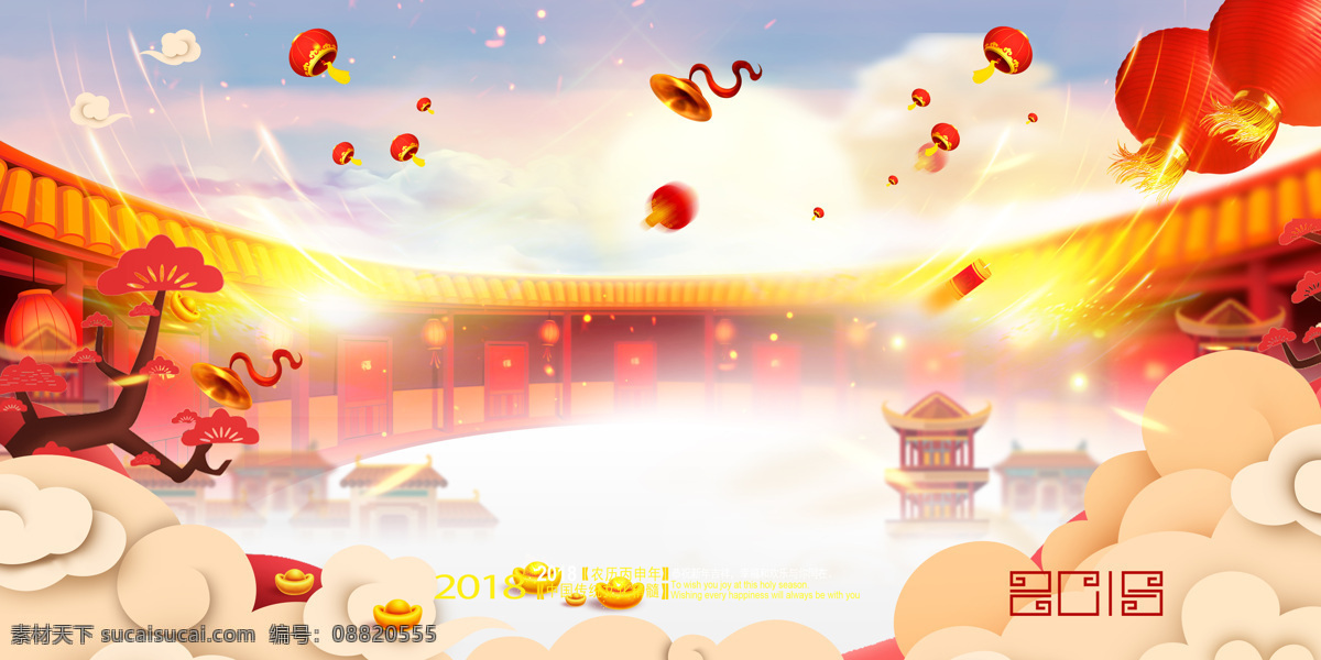 炫 酷 复古 新年 背景 扁平 城楼 灯笼 复古边框 过年 手绘 树枝 松柏 祥云 星光 炫酷 中式