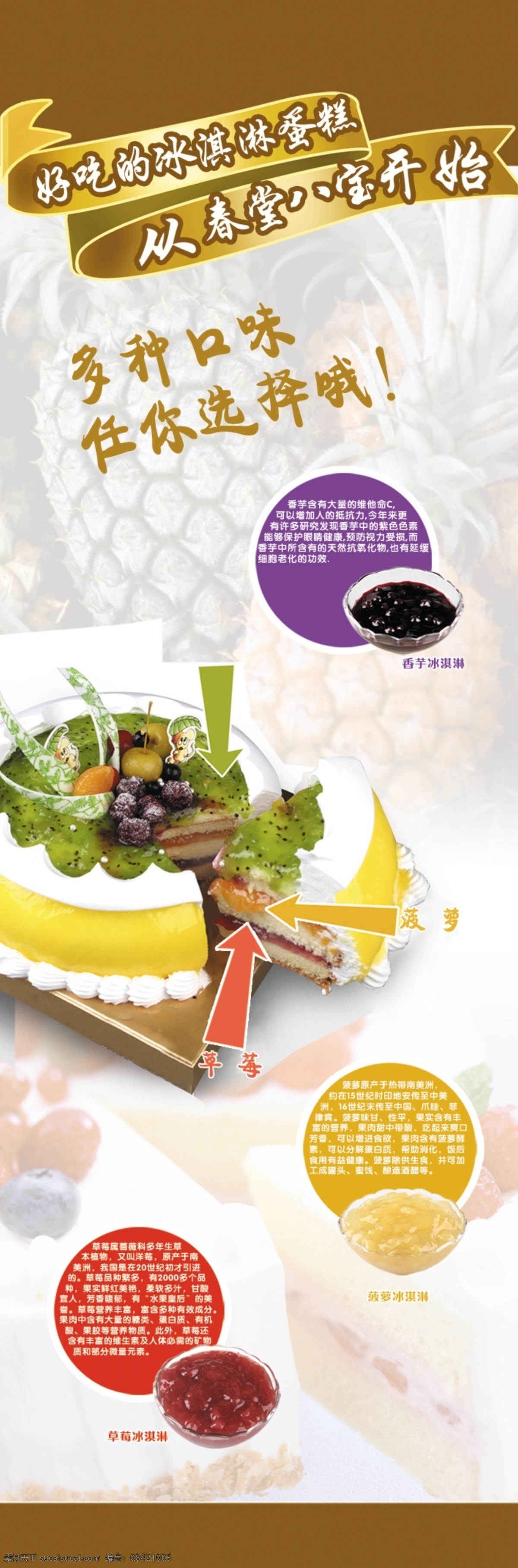 蛋糕店展架 蛋糕 蛋糕店 冰激淋蛋糕 草莓冰激淋 菠萝冰激淋 香芋冰激淋 多种口味蛋糕 展板模板 广告设计模板 源文件